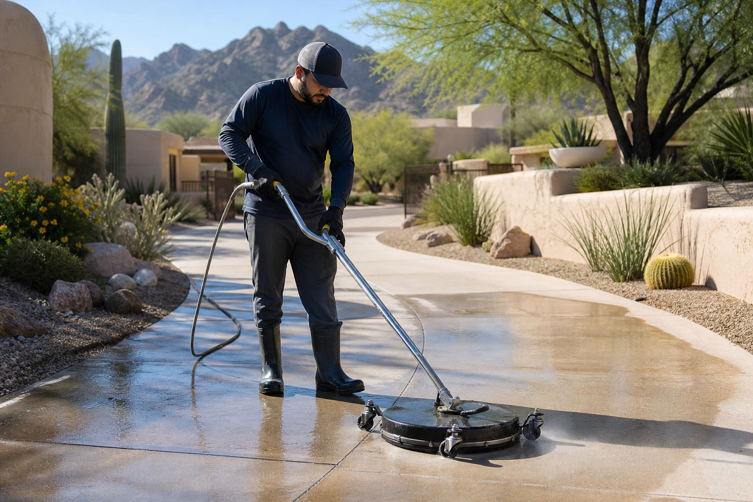 Pressure washing professional cleaning a Scottsdale HOA walkway near desert landscaping