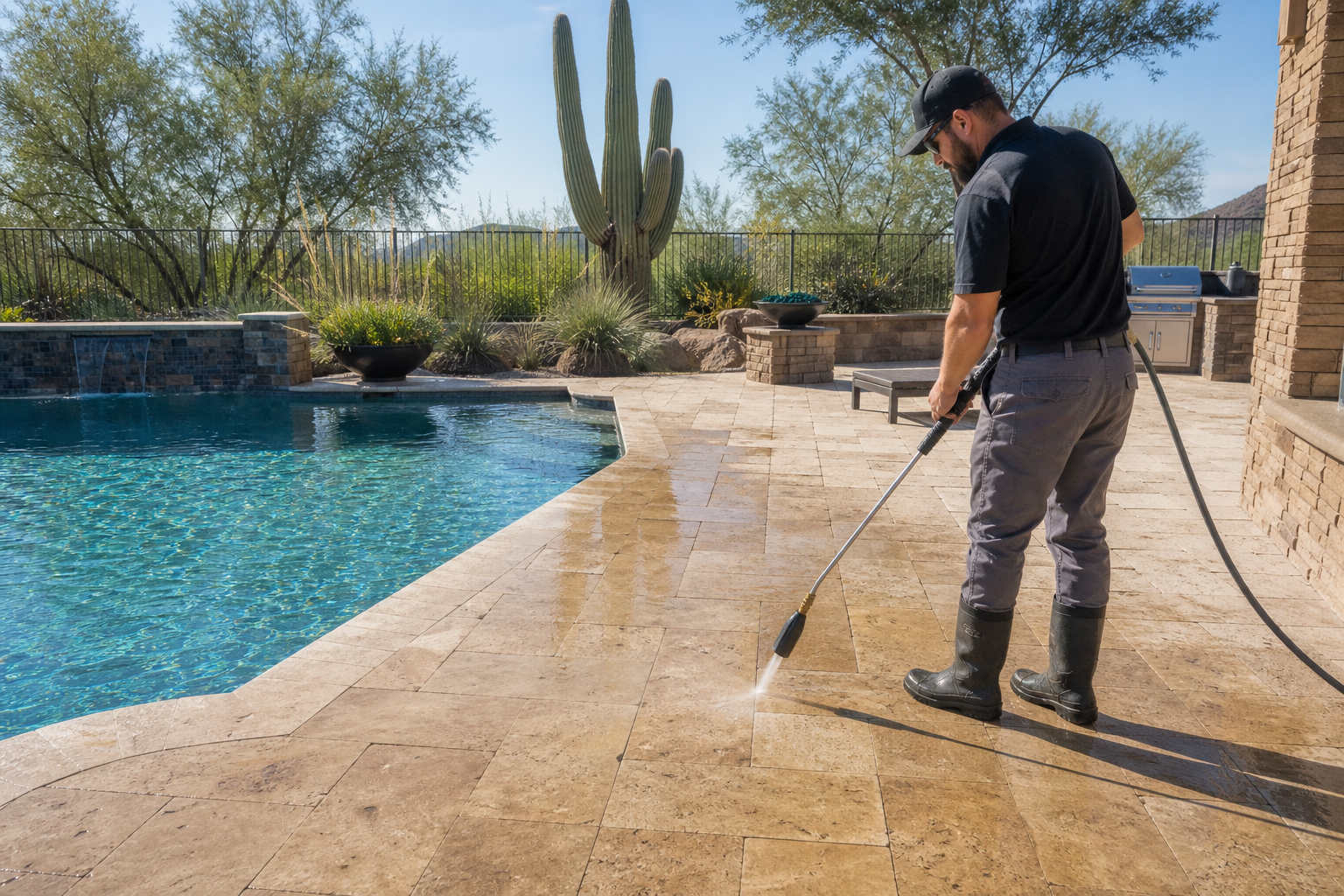 Professional pressure washing a travertine pool deck at a Scottsdale home