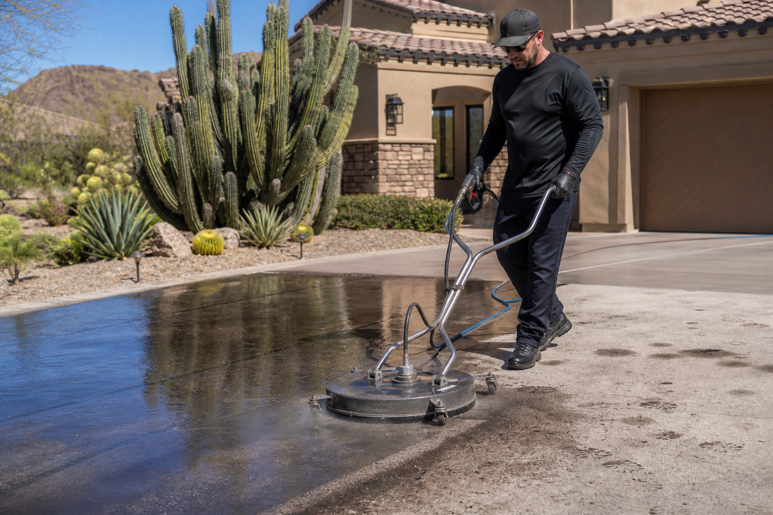 Professional pressure washing a stained concrete driveway at a Scottsdale home with a rotary surface cleaner