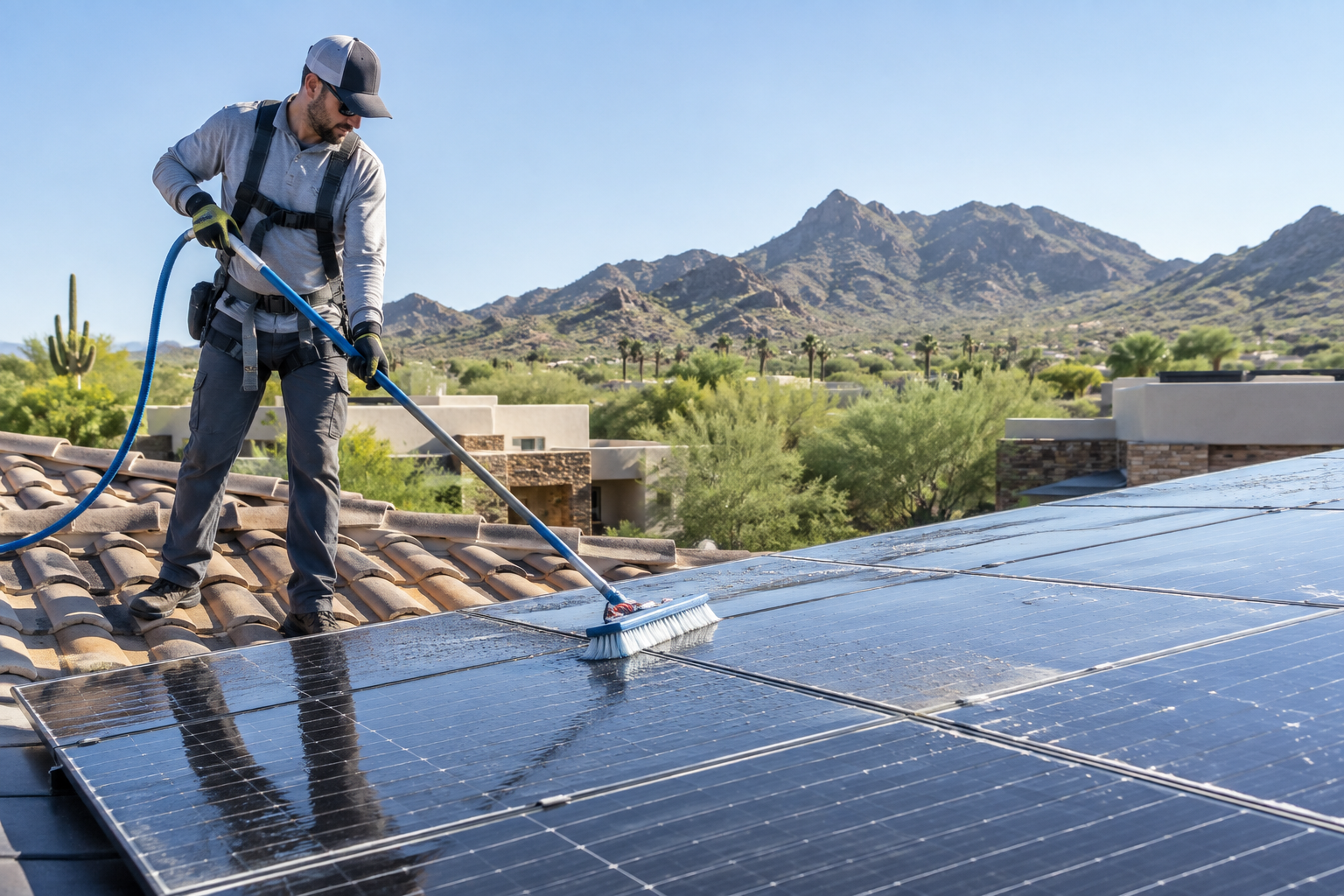 Technician soft-washing rooftop solar panels on a Scottsdale home with mountain views in the background