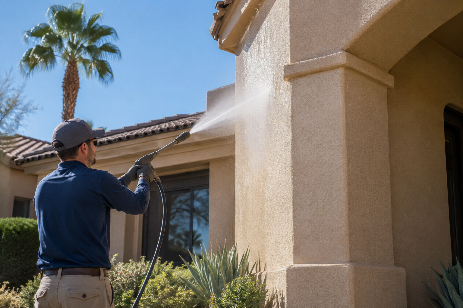 Professional soft washing a tan stucco exterior wall of a Scottsdale home with low-pressure equipment