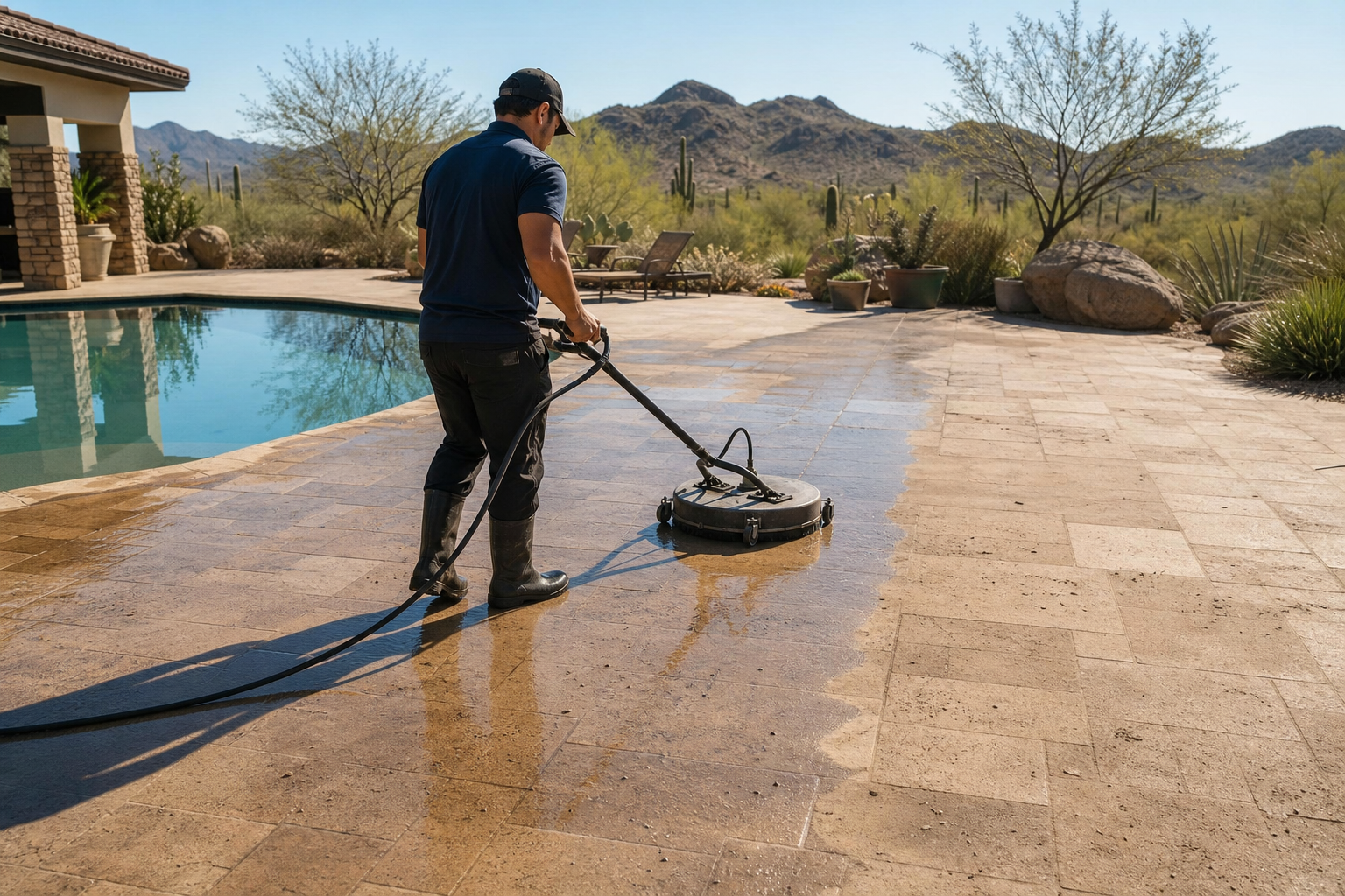 Technician cleaning a travertine pool deck with a rotary surface cleaner at a Scottsdale home