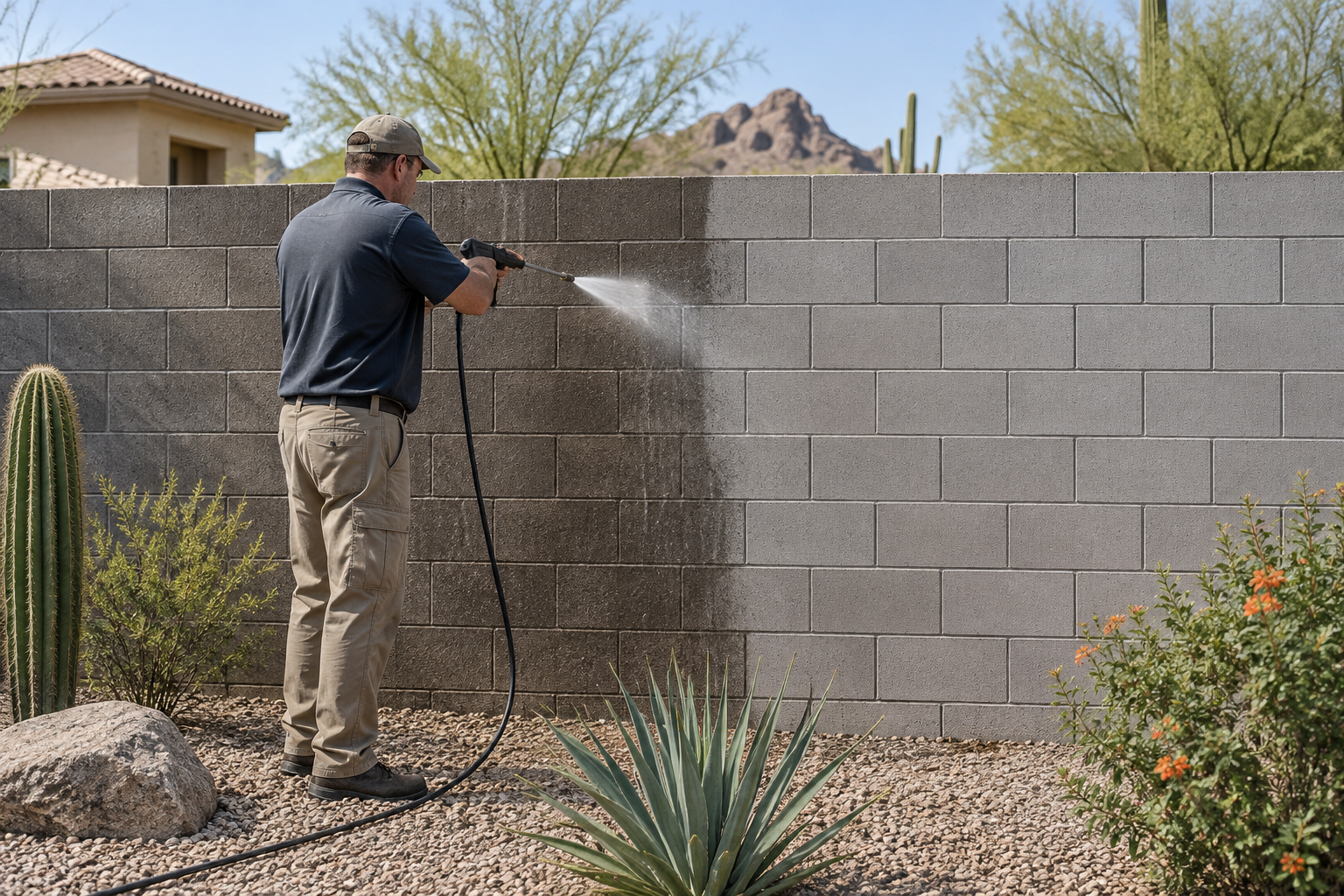 Professional cleaning a gray block wall in a Scottsdale backyard, half clean and half dusty, desert landscaping