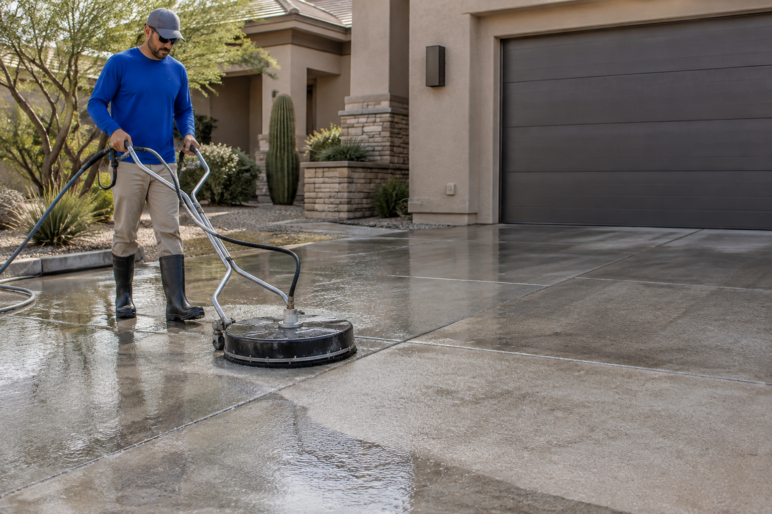 Professional pressure washing a clean concrete driveway at a Scottsdale stucco home, rotary surface cleaner, half cleaned stripe visible