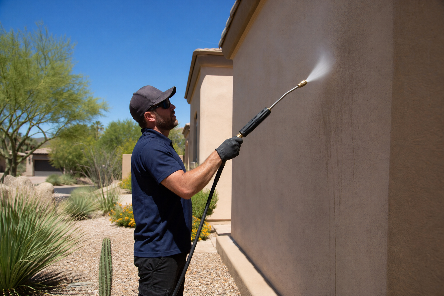 Professional soft washing a tan stucco wall of a Scottsdale home with a low-pressure spray wand